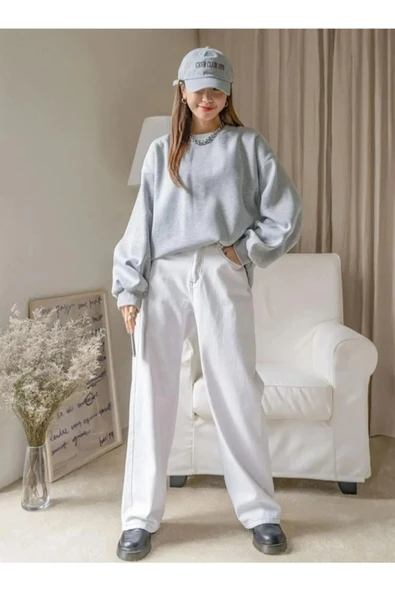Kadın 3 İplik Pamuklu Oversize Yarım Fermuarlı Yakalı Basic Sweatshirt - Gri ürün görseli 1