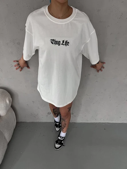 Kadın Kısa Kol Yazlık Tişört Bisiklet Yaka Baskılı Oversize T-Shirt - Beyaz ürün görseli 1