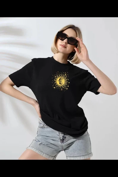 Kadın Bisiklet Yaka Baskılı  Kısa kol T-Shirt - Siyah ürün görseli 1