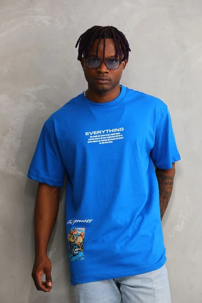 Erkek Bisiklet Yaka Baskılı Oversize T-Shirt - Mavi ürün görseli 1