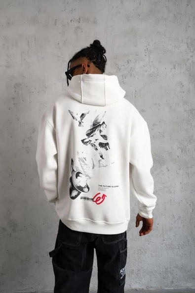 Erkek 3 İplik Pamuklu Kapüşonlu Baskılı Cepli Oversize Sweatshirt Hoodie - Beyaz ürün görseli 1