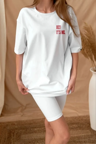 Kadın Baskılı T-Shirt Kısa Kol Bisiklet Yaka Oversize Rahat Kalıp Tişört - Beyaz ürün görseli 1