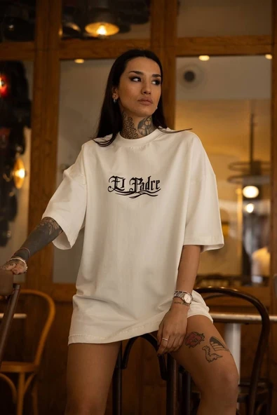 kadın Bisiklet Yaka Baskılı  Kısa kol Oversize T-Shirt - Beyaz ürün görseli 1