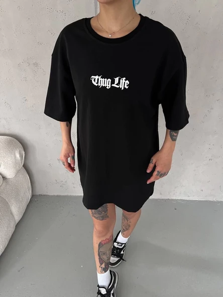 Kadın Kısa Kol Yazlık Tişört Bisiklet Yaka Baskılı Oversize T-Shirt -  Siyah ürün görseli 1