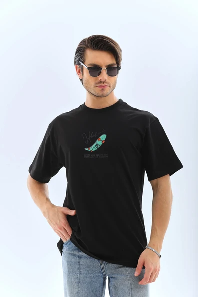 Erkek Kısa Kol Yazlık Tişört Bisiklet Yaka Baskılı Oversize T-Shirt - Siyah ürün görseli 1
