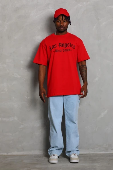 Erkek Baskılı Tişört Kısa Kol Bisiklet Yaka Oversize T-Shirt - Kırmızı ürün görseli 1