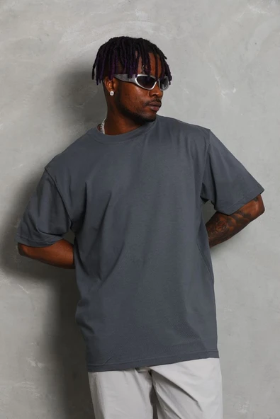 Erkek Düz Yazlık Kısa Kol Tişört Bisiklet Yaka Oversize T-Shirt - Füme ürün görseli 1