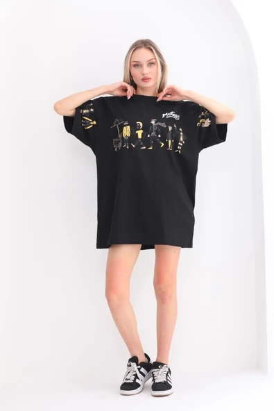 Kadın Kısa Kol Yazlık Tişört Bisiklet Yaka Baskılı Oversize T-Shirt - Siyah ürün görseli 1