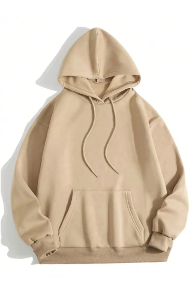 Erkek 3 İplik Pamuklu Kapüşonlu Kanguru Cepli Sweatshirt Hoodie -  Bej ürün görseli 1