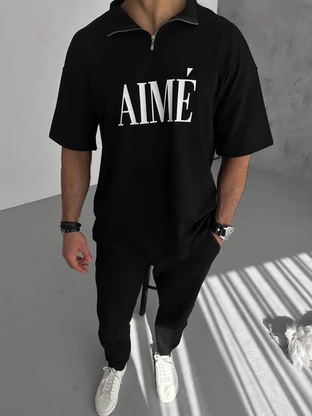 ERKEK Tişört Yakalı Yarım Fermuarlı  Kısa Kol Baskılı T-Shirt - Siyah ürün görseli 1