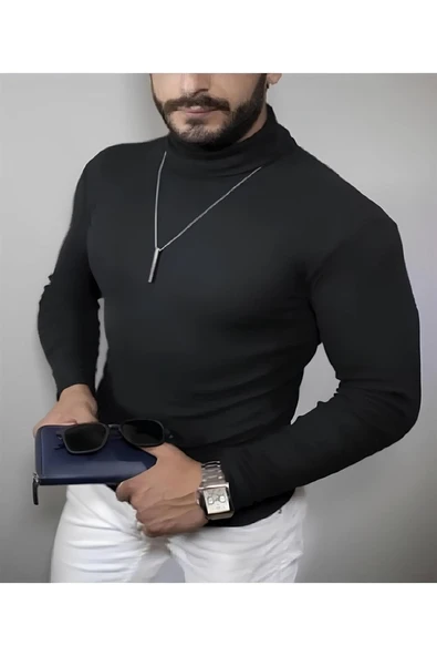 Erkek Kaşkorse Boğazlı Full Likralı Fitilli Body Kazak - Siyah ürün görseli 1