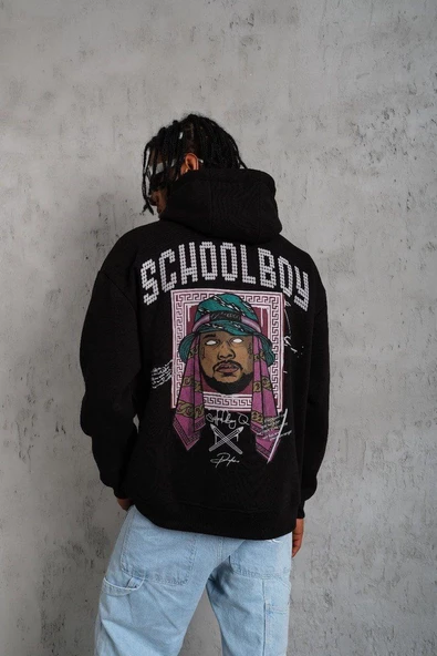 Erkek 3 İplik Pamuklu Kapüşonlu Baskılı Cepli Oversize Sweatshirt Hoodie - Siyah ürün görseli 1