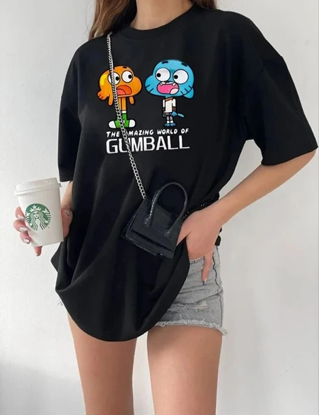 Kadın Kısa kol Tişört Bisiklet Yaka Baskılı Oversize T-Shirt - Siyah ürün görseli 1
