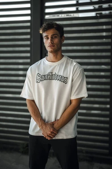 Erkek Kısa Kol Yazlık Tişört Bisiklet Yaka Baskılı Oversize T-Shirt - Beyaz ürün görseli 1