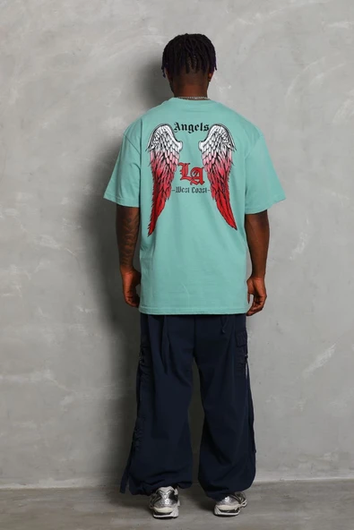 Erkek Kısa Kol Tişört Bisiklet Yaka KANAT Baskılı Oversize T-Shirt - Mint Yeşili ürün görseli 1