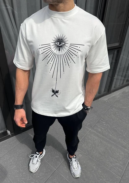 Erkek Kısa Kol Tişört Bisiklet Yaka GÜL Baskılı Oversize T-Shirt - Beyaz ürün görseli 1