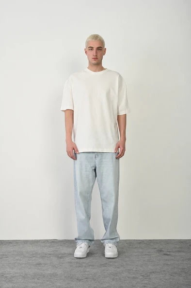 Erkek Kısa Kol Yazlık Tişört Bisiklet Yaka Baskılı Oversize T-Shirt - Beyaz ürün görseli 1