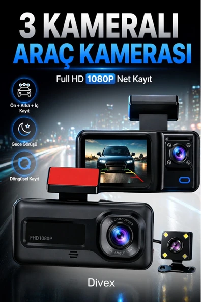 1080p HD 3 Kameralı Araç Kamerası Ön Arka İç Kayıt ve Park Destekli Gece Görüşlü ürün görseli 1