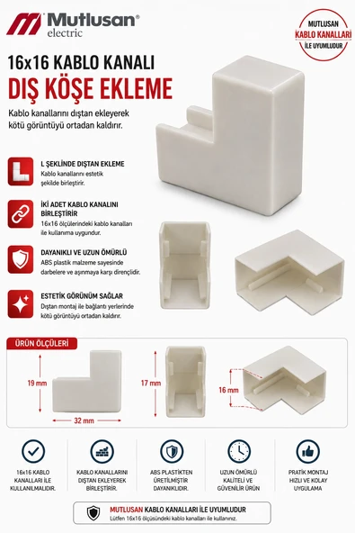 MUTLUSAN 16x16 Kablo Kanalı DIŞ Köşe Plastik Beyaz ürün görseli 1