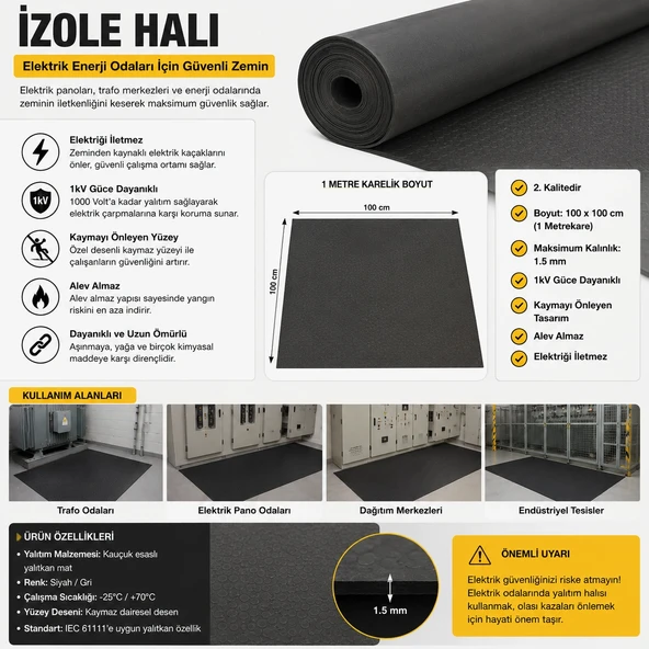 GENEL 1000v 2. Kalite Elektrik İzole Halı 1kv 100x100cm 1Mt Kare Siyah Kalınlık 1.5mm ürün görseli 1