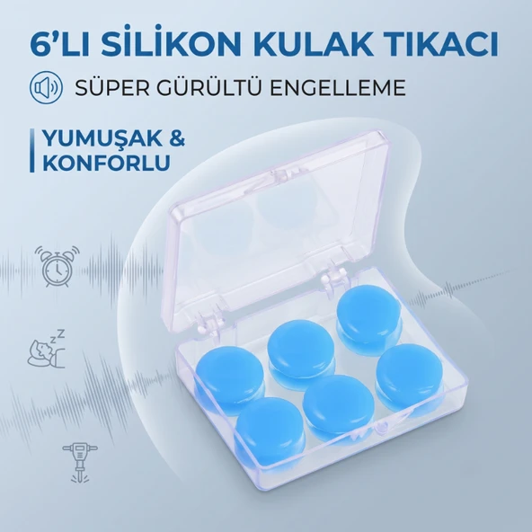 Silikon Kulak Tıkacı - 6'lı Özel Kutulu - Su Geçirmez ve Gürültü Önleyici ürün görseli 1