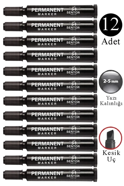 Siyah Permanent Markör Kalem Kesik Uç 12 Adet Sentör Kalıcı Marker Kalem Tüm Koli Karton Çuval Cam Plastik Yüzeylerde ürün görseli 1