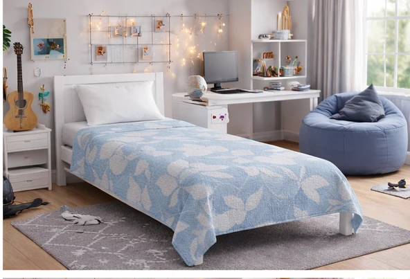 Amazon Ev Pamuk Dokuma Tek Kişilik Pike 160*240 Cm yaprak mavi  A18 ürün görseli 1