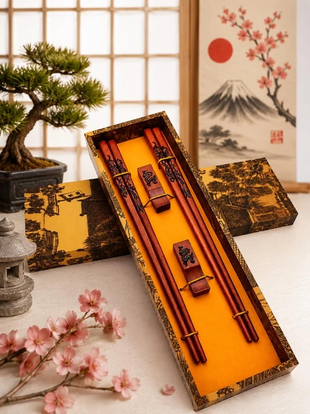 Valkyrie Doğal Ahşap Yemek Çubuğu Seti 2 Çift – Ejderha Desenli Çubuk Tutacaklı Kutulu 22,9 cm Chopstick Seti ürün görseli 1