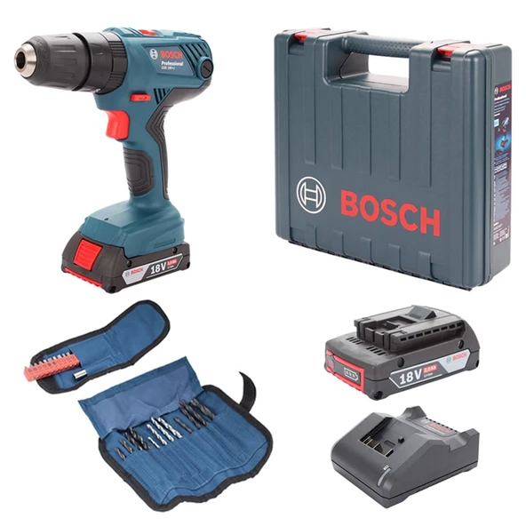 Bosch Professional GSB 180-LI 2x2.0 Ah Çift Akülü Darbeli Delme Vidalama Makinesi + 23 Parça Set  - 06019F8308 ürün görseli 1