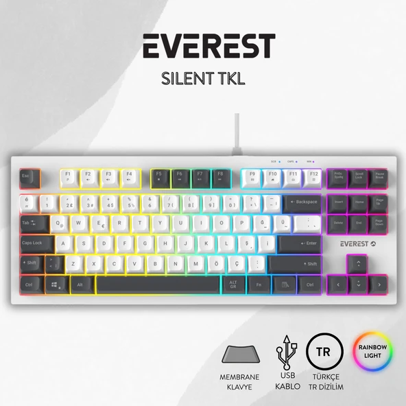 Everest KB-98 SILENT TKL Beyaz/Gri Mavi Rainbow Q Membrane Klavye ürün görseli 1