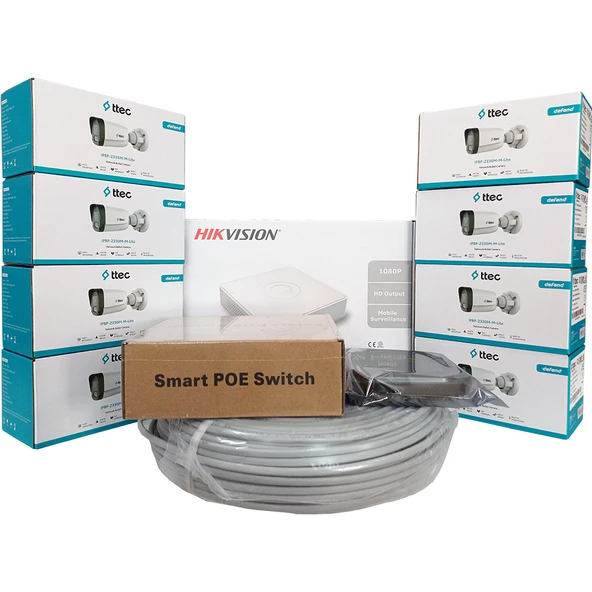 Hikvision 8'li İP Güvenlik Kamerası Seti, Mikrofonlu, Uzaktan İzleme, Gece Görüş ürün görseli 1
