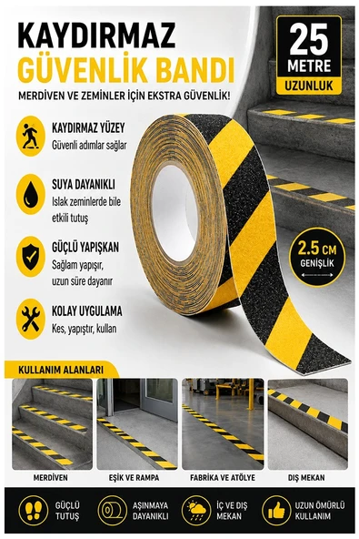 Merdiven Kaydırmaz Bant Sarı Siyah 25mm 1 Adet Mas Güvenlik Uyarı Bandı 25 Metre 2.5 cm Yapışkanlı Basamak Mermer Beton ürün görseli 1
