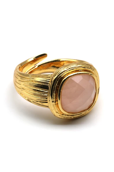 Pembe Kuvars Doğal Taş Ayarlanabilir Gold Renkli Yüzük - YZK-0168 ürün görseli 1