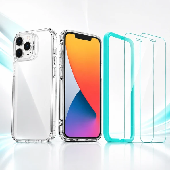 iPhone 12 Pro Max Uyumlu Telefon Kılıfı Hybrid Şeffaf  + 2 Adet Temperli Cam Ekran Koruyucu Seti ürün görseli 1