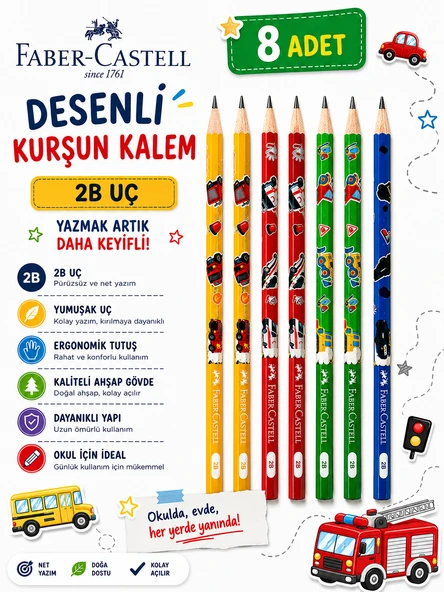 Faber-Castell City Squad Desenli kurşun kalem 2B Kaliteli Yuvarlak Gövde 8 Adet ürün görseli 1