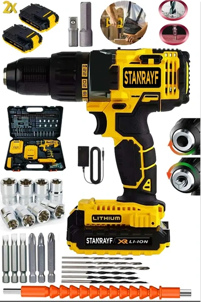 stanrayf Alman H-tech MG 2450 Bakır Sargı Çift Çelik Şanzıman Çift Akülü Vidalama Şarjlı Matkap Prof Set ürün görseli 1