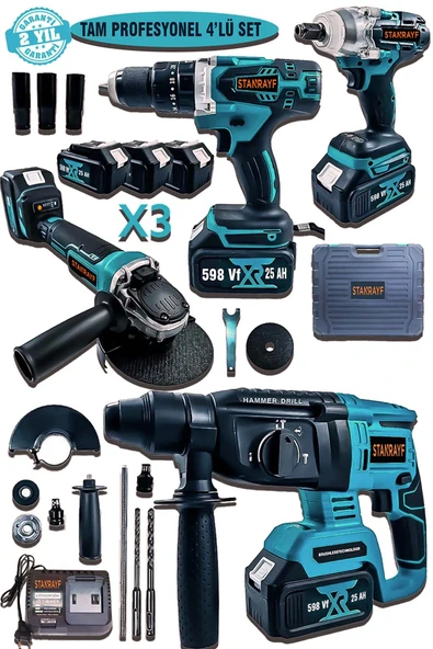 stanrayf Brushless 4 Lü Set 598 Vf 25 Ah 3 X Akü Kırıcı Delici Bijon Somun Sıkma Sökme Taşlama Darbeli Matkap ürün görseli 1