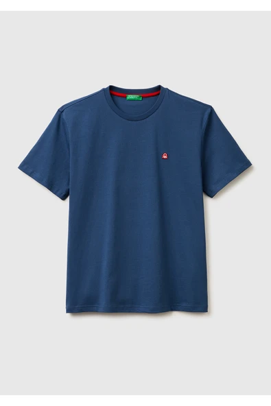 Erkek Mavi %100 Koton Logolu Bisiklet Yaka T-Shirt ürün görseli 1