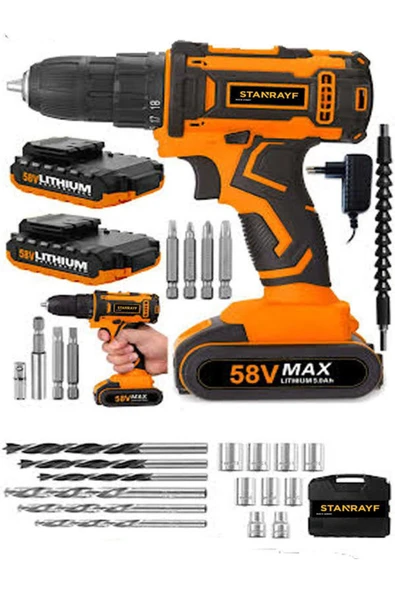 stanrayf Germany Technology Drive 58 V 8 Ah Darbeli Çift Akülü Metal Şanzuman Şarjlı Matkap + 27 Pcs Set ürün görseli 1