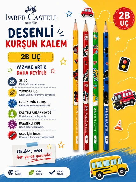 Faber-Castell City Squad Desenli kurşun kalem 2B Kaliteli Yuvarlak Gövde 4 Adet ürün görseli 1