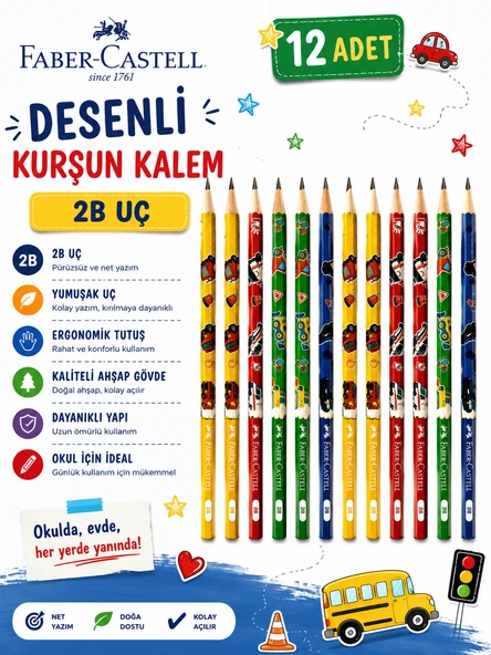 Faber-Castell City Squad Desenli kurşun kalem 2B Kaliteli Yuvarlak Gövde 12 Adet ürün görseli 1
