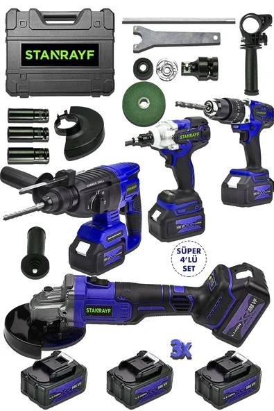 stanrayf Alman H-Tech 4Lü Set 598 V 25 Ah 3 XAkü Kırıcı Delici Bijon Somun Sıkma Sökme Taşlama Darbeli Matkap ürün görseli 1