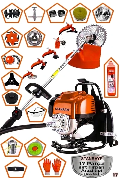 stanrayf Alman 20Hp 17 Parça Ful Set Arazi Tipi Sırt Tırpan Ot Çalı Çim Biçme + Toprak Çapalama Toprak Eşeleme Makinesi ürün görseli 1