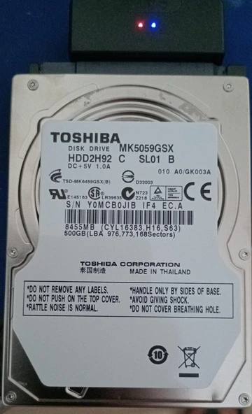 (2.EL) 500GB  Toshiba (MK5059GSX) SATA 2.0 5400 RPM 2.5 Harddisk ( Bad sektörlü fakat ÇALIŞIR durumdadır) ürün görseli 1