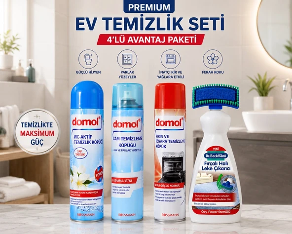 Premium Ev Temizlik Seti 4'lü -Domol WC Köpüğü + Cam Temizleyici + Fırın Temizleyici + Dr. Beckmann Halı Leke Çıkarıcı ürün görseli 1