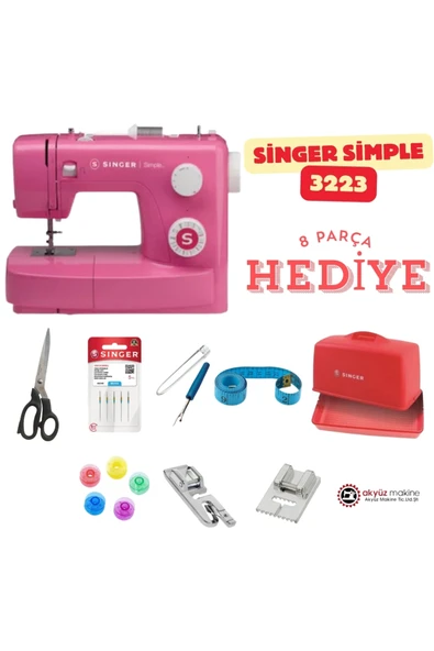 akyüz makine Singer Simple 3223 Pembe Dikiş Makinesi + 8 Parça Hediye Seti | Pembe ürün görseli 1