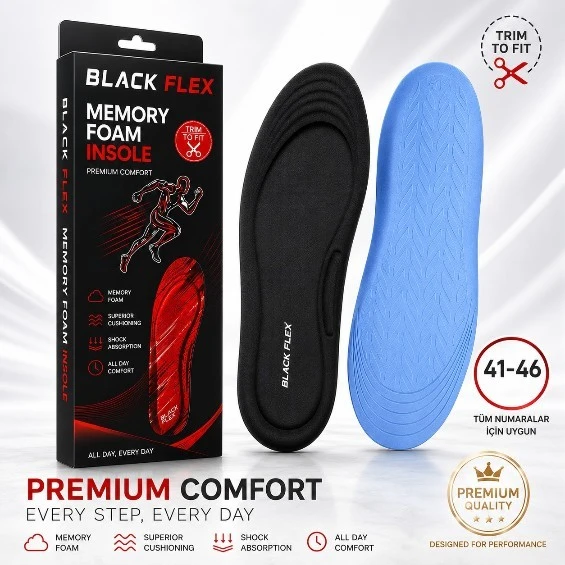 PERFECT FİT ARK DESTEKLİ ERKEK MEMORY FOAM DARBE EMİCİ HAFIZALI İÇ TABANLIK 41-46 NUMARAYA GÖRE KOLAY KESİLEBİLİR ürün görseli 1