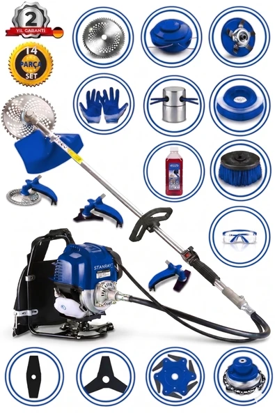stanrayf Alman 20 HP V-Tech 14 Parça Benzinli Motorlu Sırt Tipi Tırpan Çim Biçme Makinası Ot Çalı Biçme Tırpan Makinası ürün görseli 1