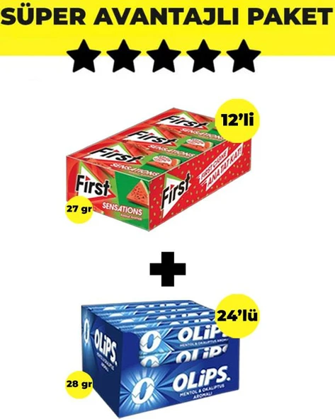 First Sensations Karpuz Aromalı Sakız (27gr x 12 Adet)- Olips Mentol Okaliptüs 24'lü Paket (28gr x 24 Adet) ürün görseli 1