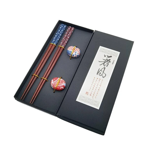 Valkyrie 2 Çift Doğal Ahşap Yemek Çubuğu Seti – Seramik Çubuk Tutacaklı Kutulu Japon Chopstick Seti ürün görseli 1